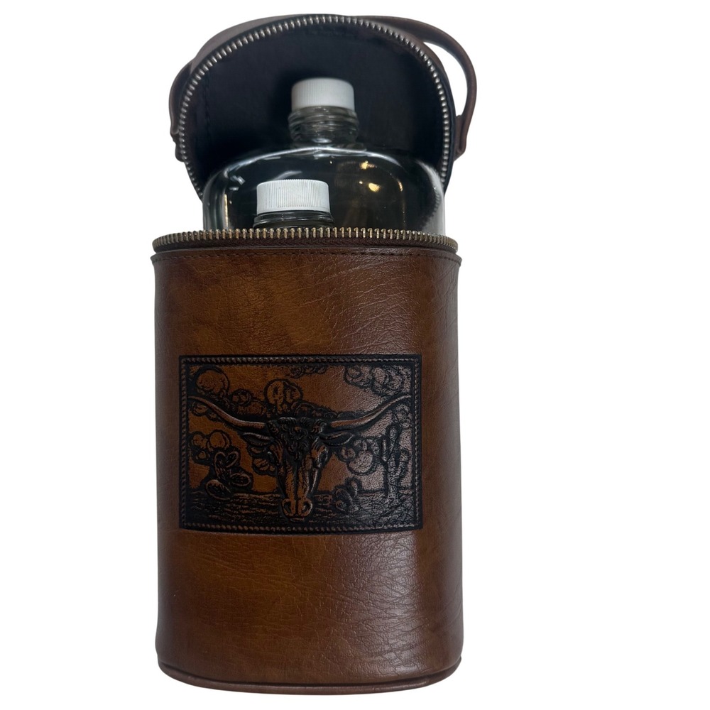 Vintage‎ Western Longhorn Travel Bar Kit Brown Faux Leather Case with 2 Flasks